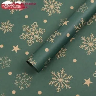 Christmas Kraft paper gift wrap sheets with red and green ink printed cartoon designs including polka dots, snowflakes, and Christmas trees
