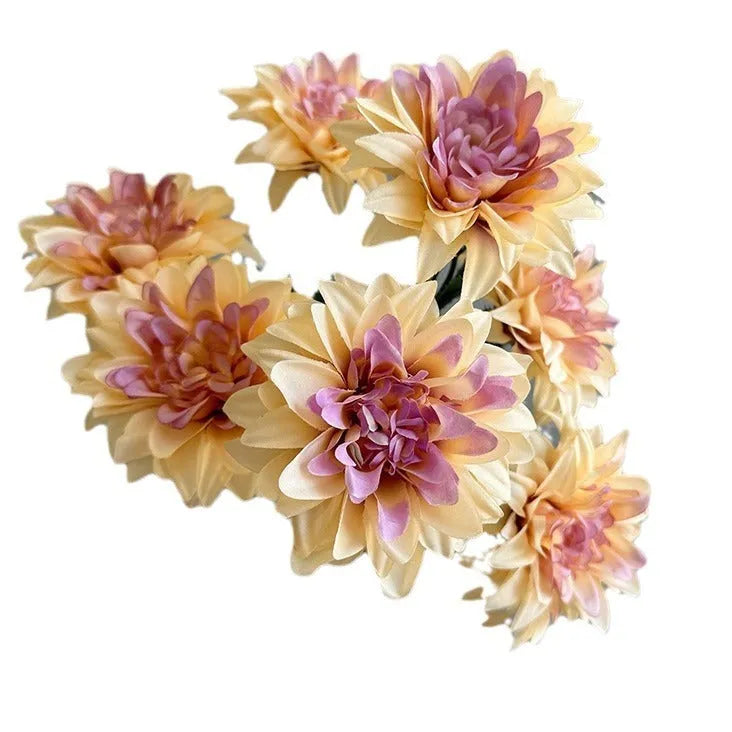 Dahlia desktop display fan holding fake flowers, silk flower bunch in multiple colours for home or office decoration