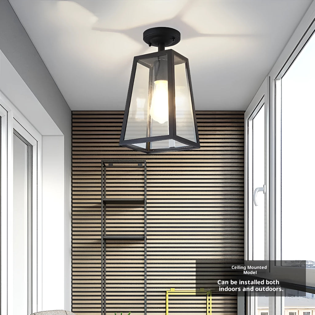 Sand black outdoor chandelier with trapezoidal glass shade, 45cm, 220V, for corridor and courtyard.