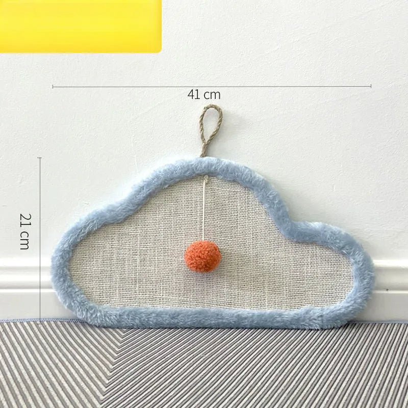 White cat scratching mat with cartoon sleeping cat design made from natural sisal fibre.