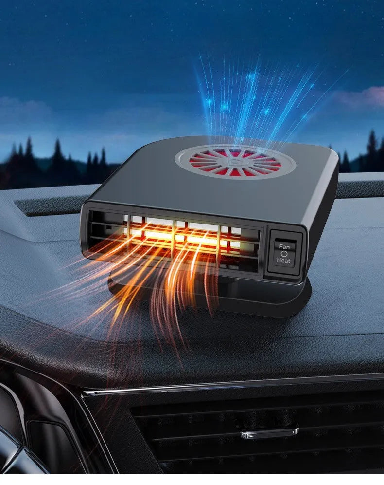 Black compact vehicle-mounted car heater for defrosting and defogging, shown with double-sided adhesive.