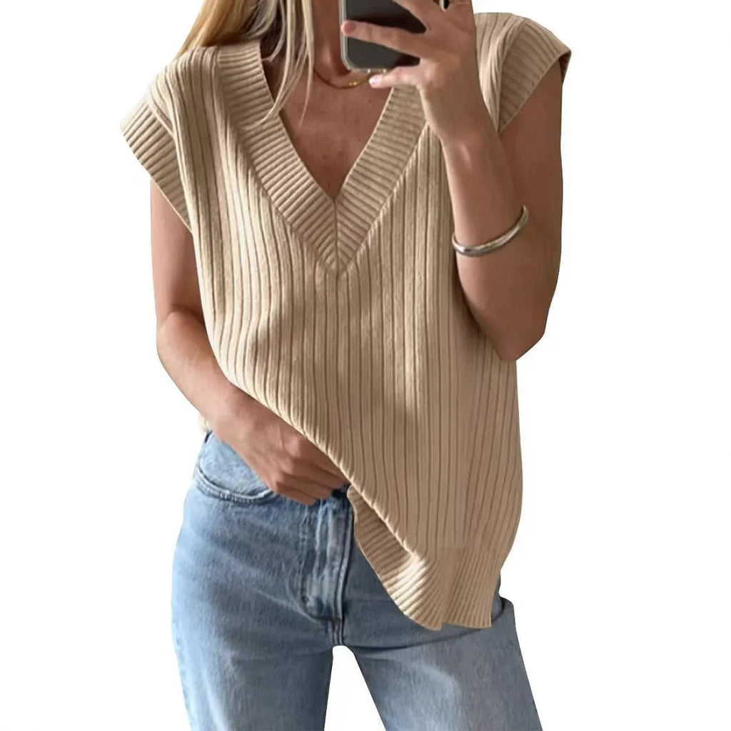 Women's camel coloured V-neck sleeveless vest with loose fit and fold detailing