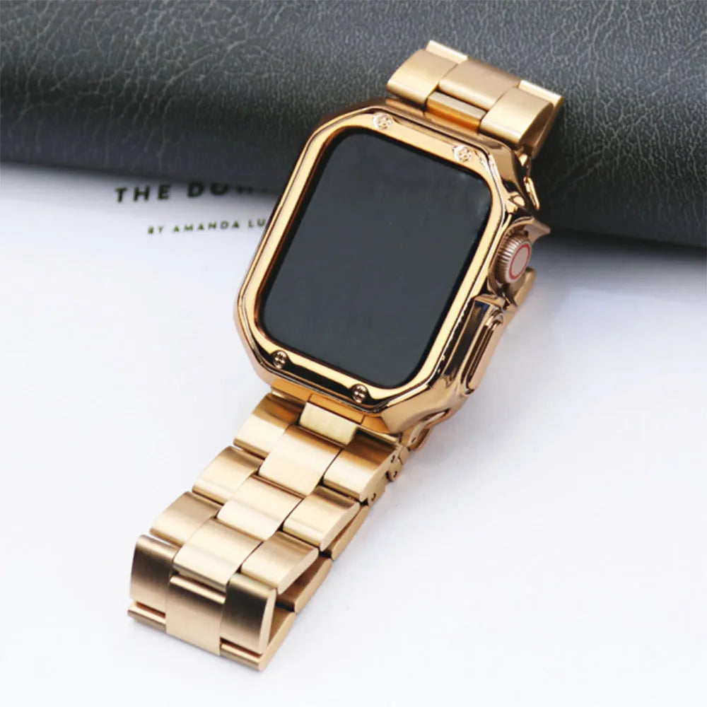 Stainless steel link band and black TPU protective frame for Apple Watch 44mm case