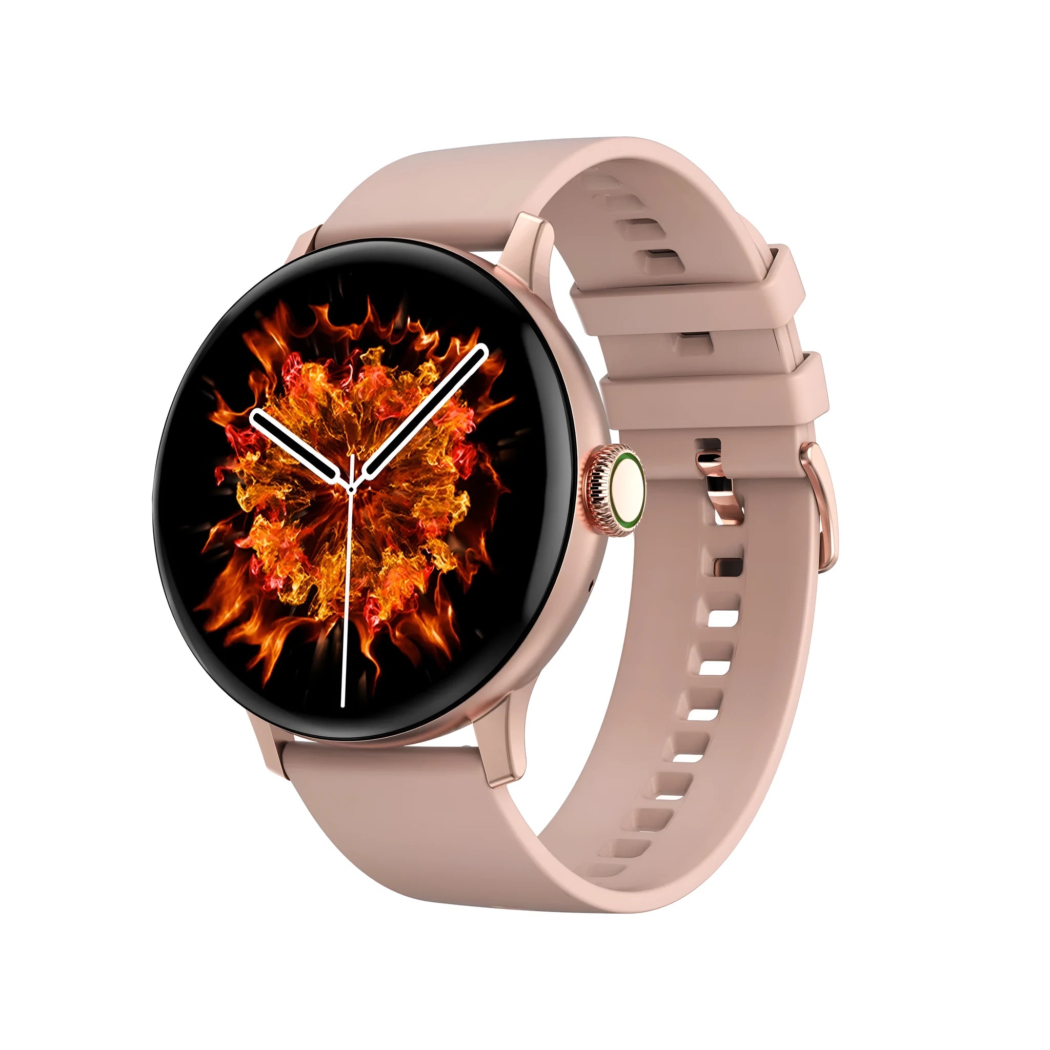 Bluetooth smart bracelet with circular touch screen on a black stainless steel bracelet, showing call and heart rate interface