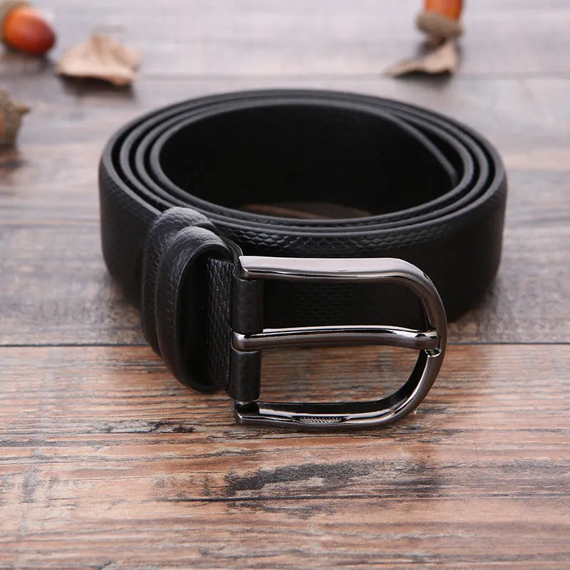 Men's business belt with laser logo detail, alloy pin buckle, and imitation leather strap showing pattern design options