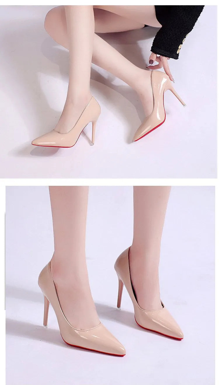 Women's pointed toe stiletto pump in a solid colour, showing the shallow mouth and high heel.