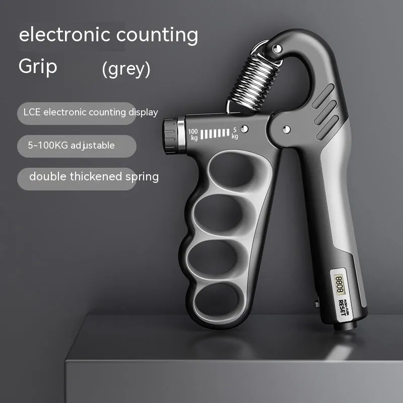 Adjustable electronic count spring grip with digital display in orange, red, or grey.