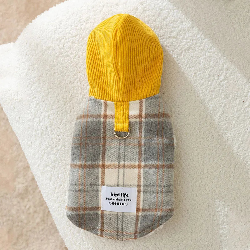 Blue corduroy dog hoodie vest with chessboard pattern and zip front closure