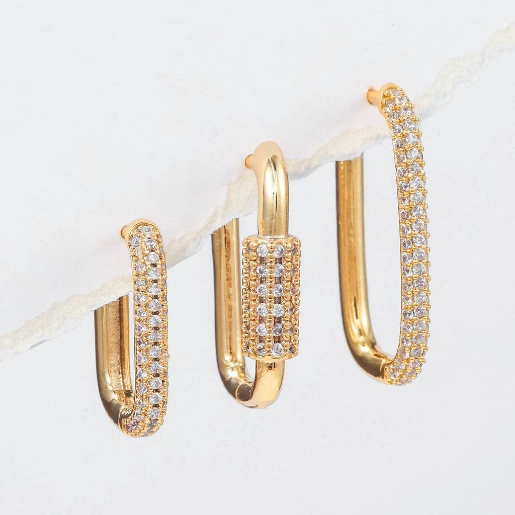 Three geometric square ear clips with micro inlaid zircon in gold and white K colours