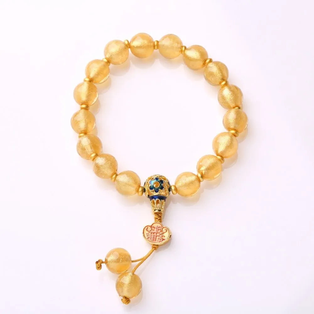 10mm natural stone beaded mixed stitching bracelet in gold foil colour with flower design