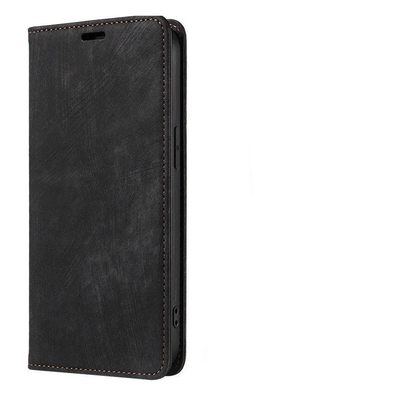 Magnetic flip leather phone case for iPhone shown closed, displaying the lake green colour and secure front flap.