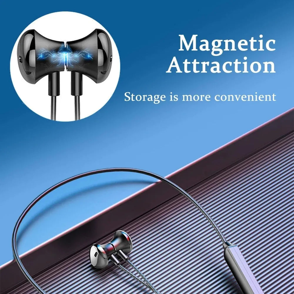 Black neck-mounted wireless sports earphones with bilateral earpieces and custom logo area.
