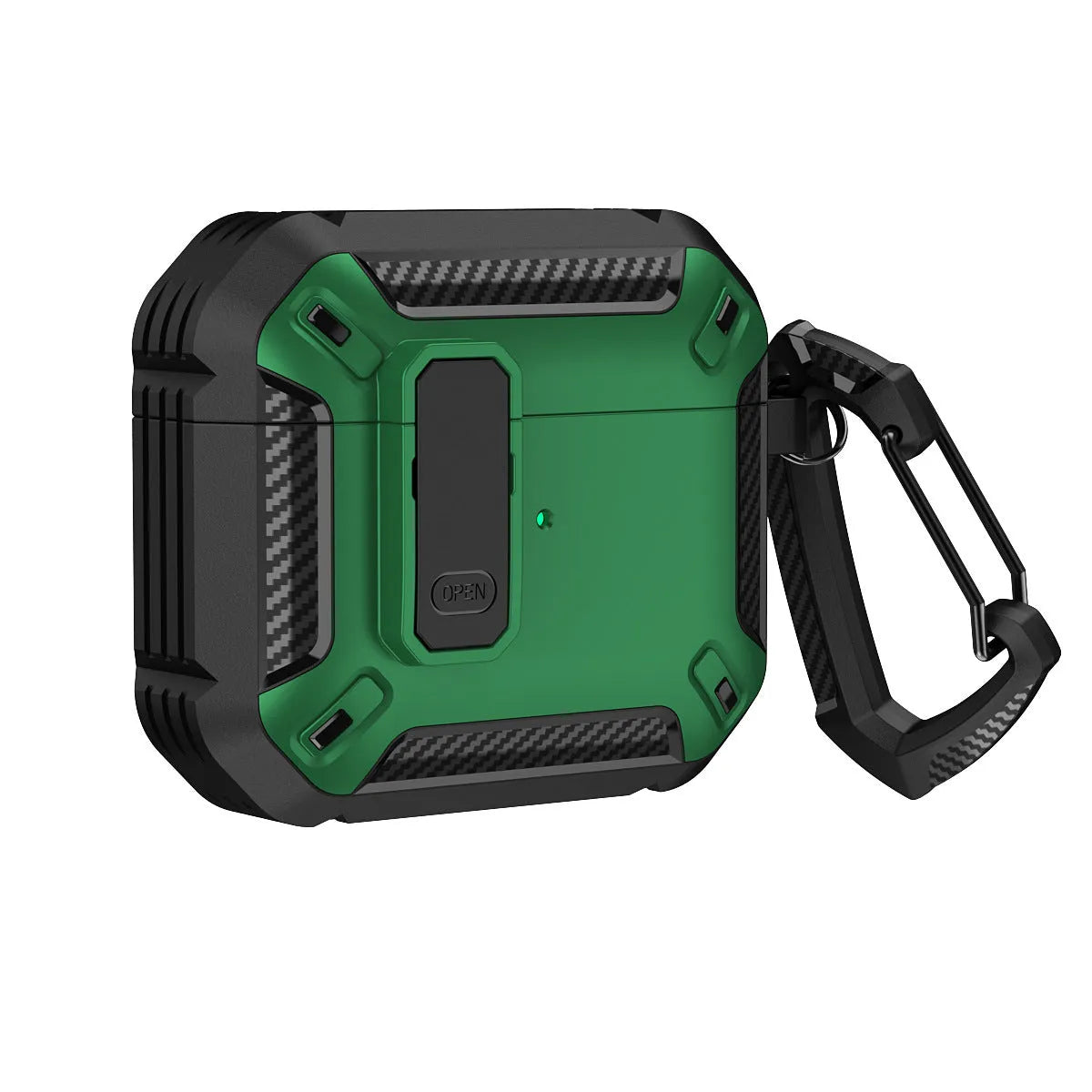 Two-tone plastic clamshell protective case for Apple AirPods with a metal carry hook attached.