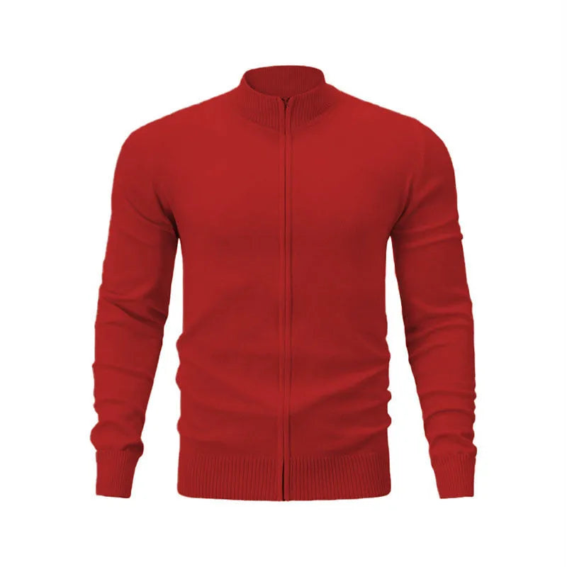 Men's grey stand collar zip-up casual sports sweater hanging on a plain background.