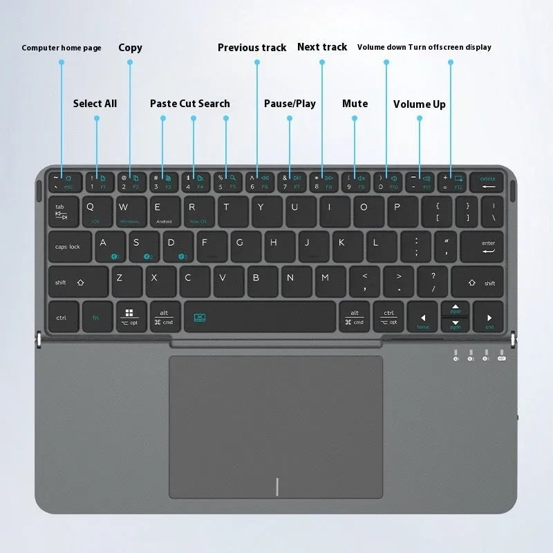 Grey wireless Bluetooth folding keyboard with phone slot open showing mobile device placement