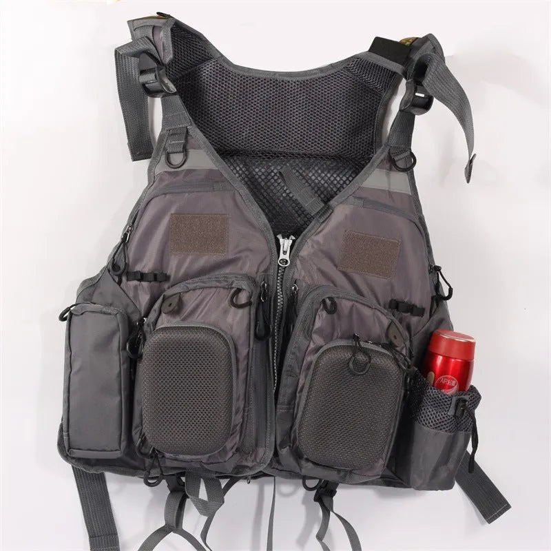 Grey fishing life jacket with multiple pockets and reflective strips showing removable foam buoyancy inserts