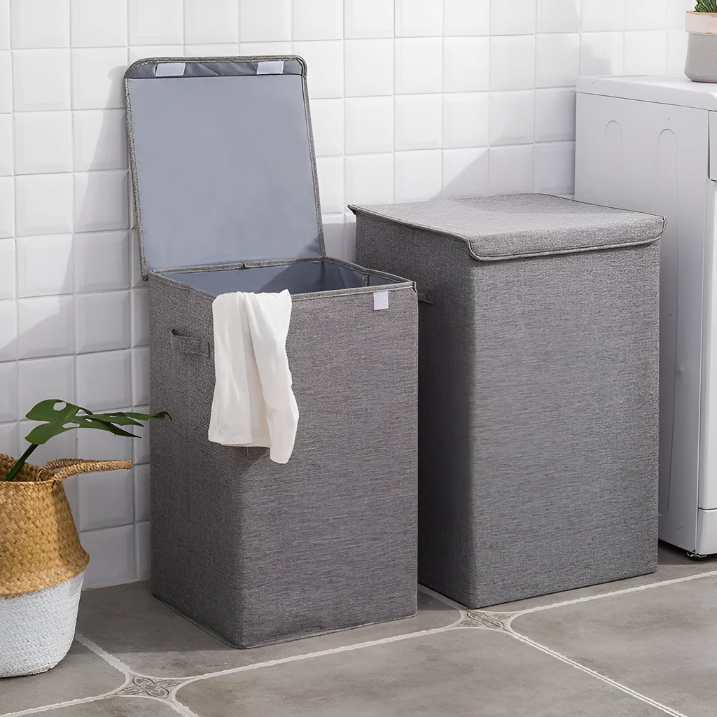 Brown foldable three-dimensional fabric storage basket with cotton linen material, shown upright and collapsed flat.