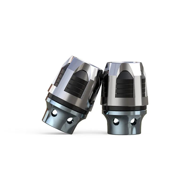 A pair of anodised aluminium alloy fork cups for motorcycle or electric car front axles.