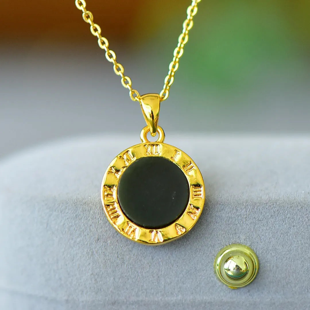 Flat natural grey Hetian jade pendant with copper inlay on a necklace chain, modern minimalist style.