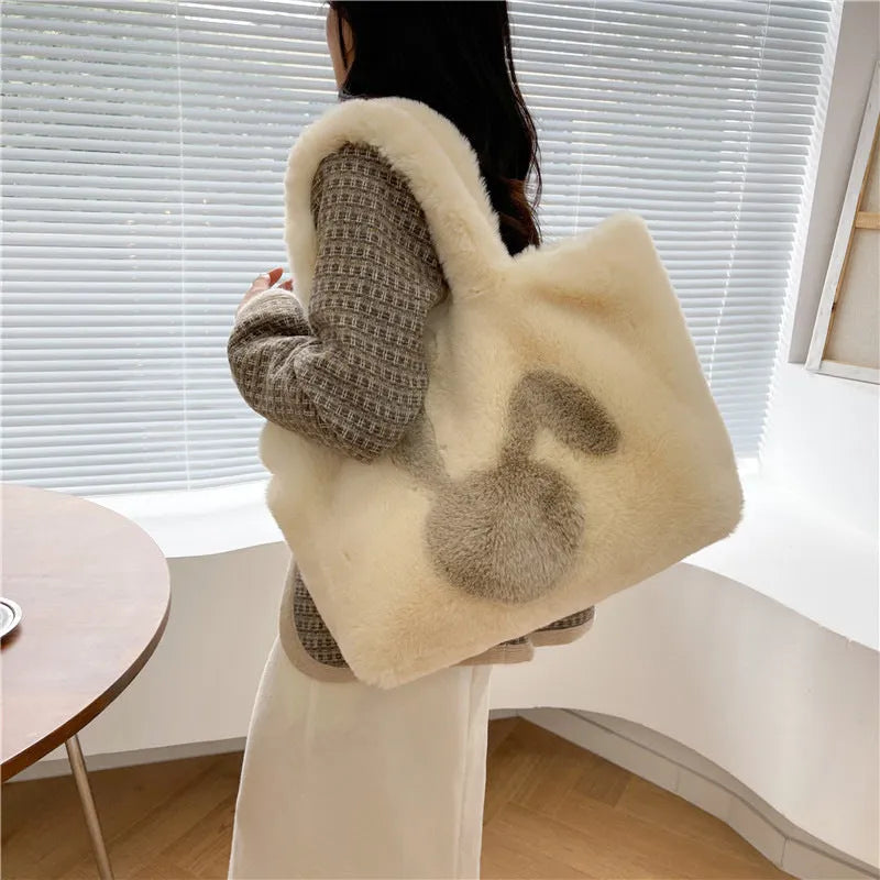 Cartoon rabbit ears plush tote bag in solid colours with shoulder strap