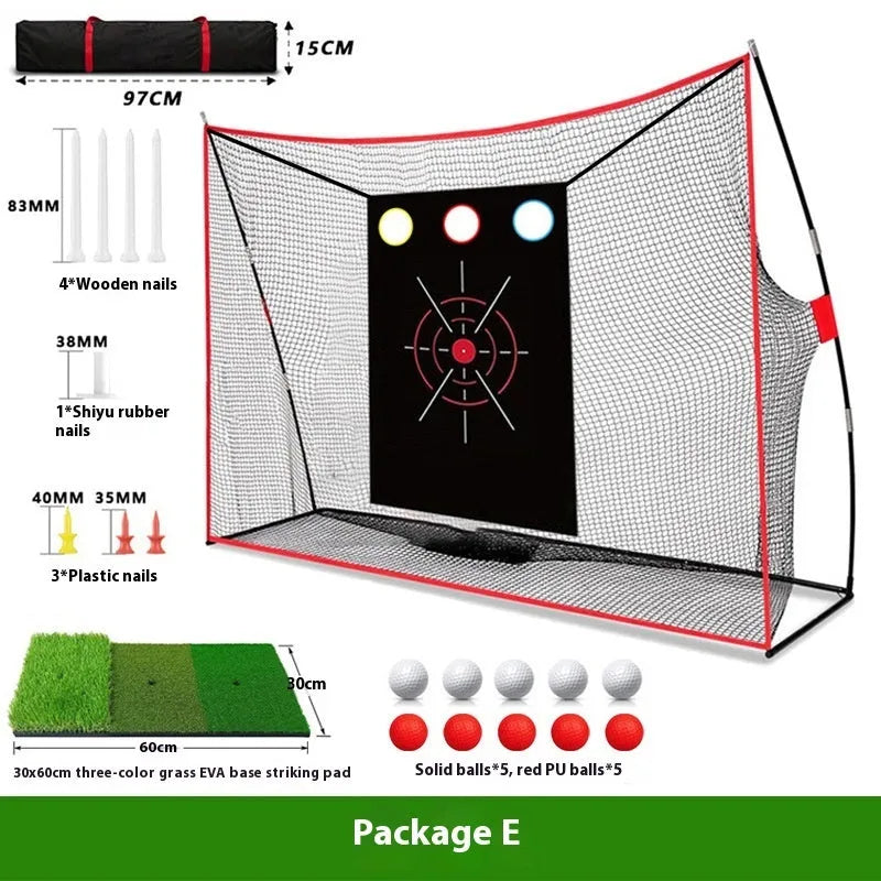 Golf swing wedge training net with 3-hole cross net and 30x60cm straw mat practice kit
