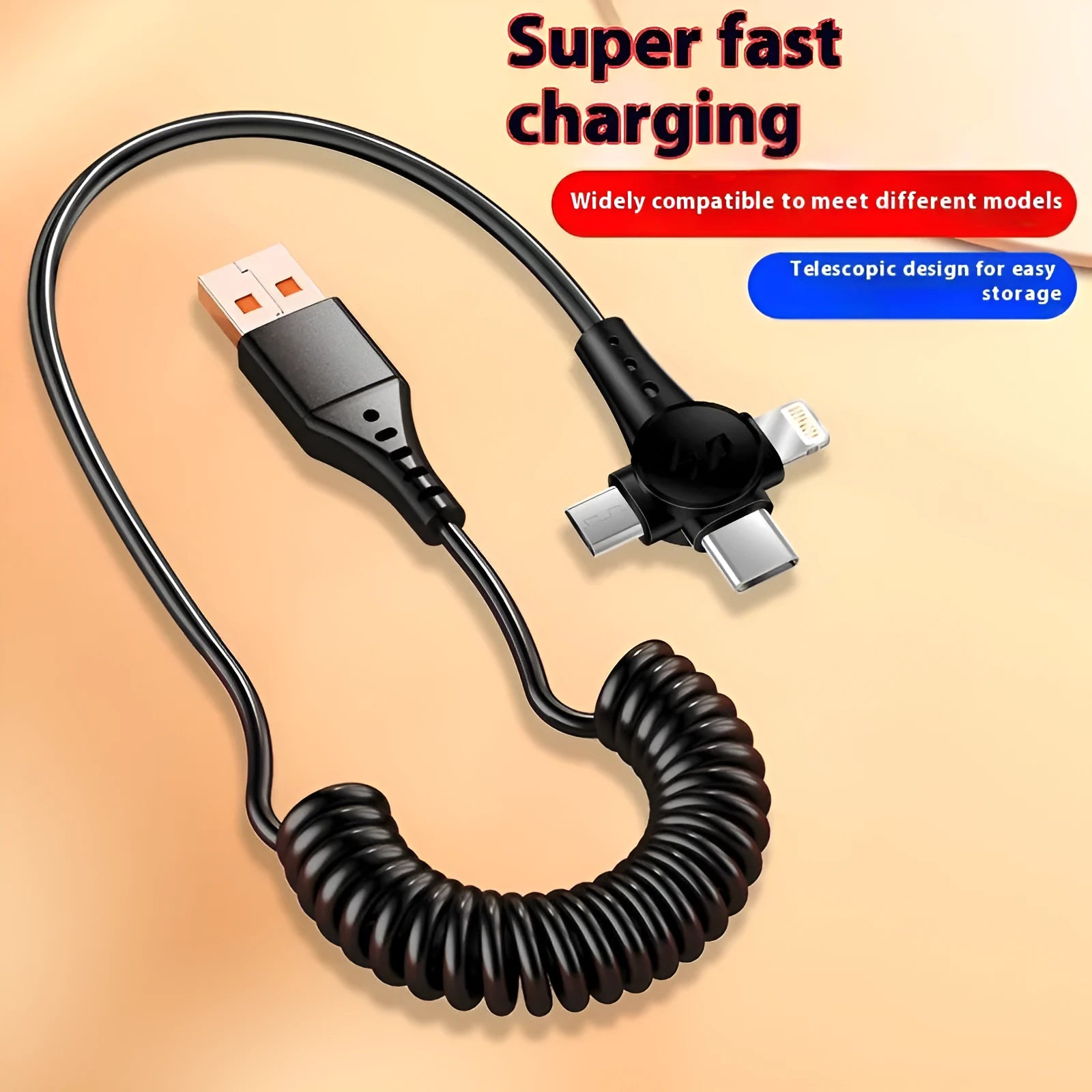 Black telescopic three-in-one charging cable with USB-C, Micro USB and Lightning connectors extended to full length
