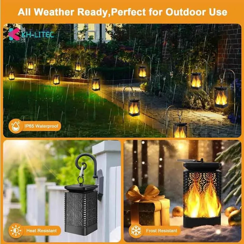 Set of four black solar-powered hanging torch lights with flickering flame LED for outdoor garden use.