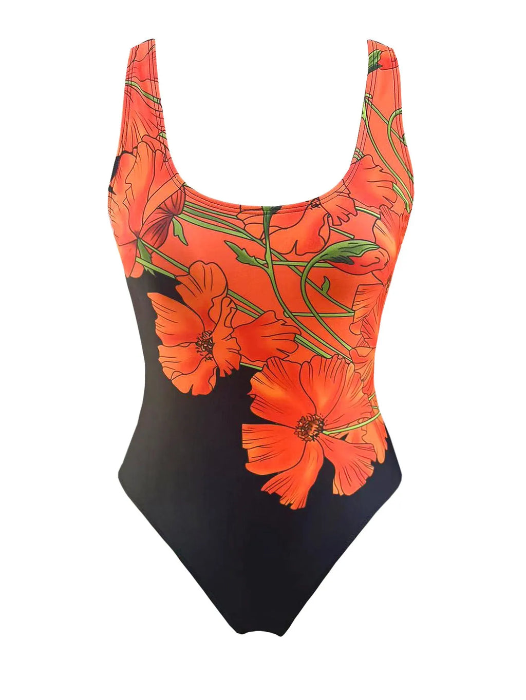 Orange floral print backless one-piece swimsuit with slim fit design on mannequin