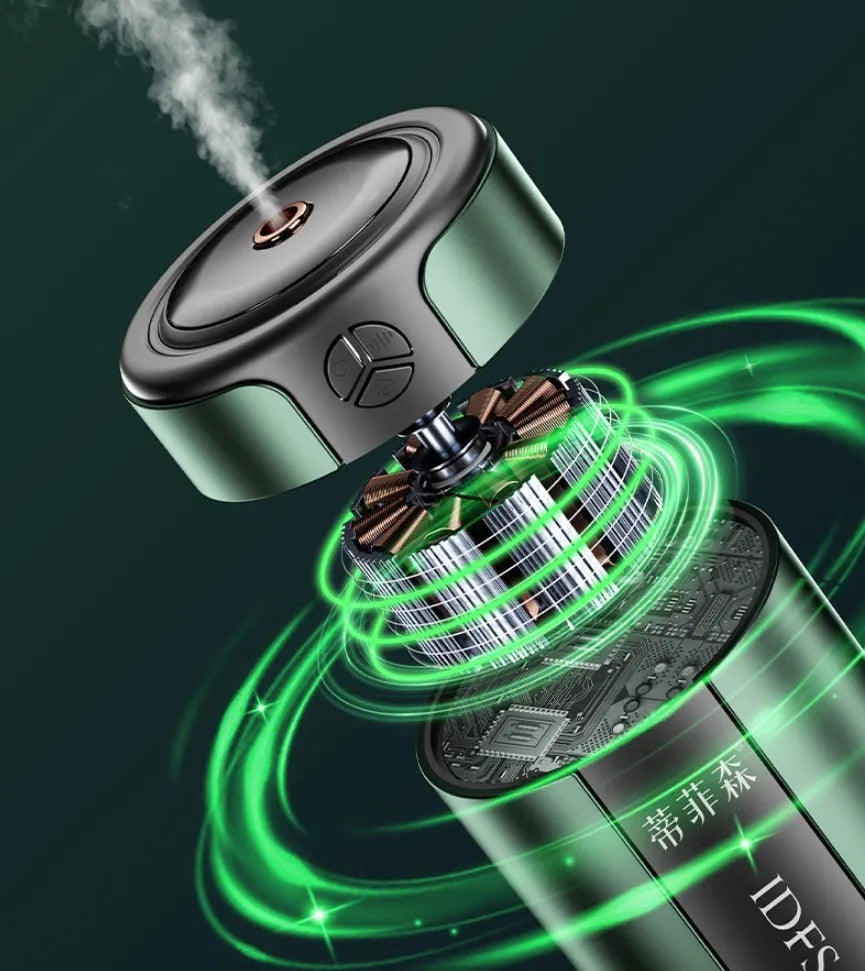 Three-speed adjustable smart rhythm car aroma diffuser in dark green, ABS aluminium alloy, with two essential oil bottles