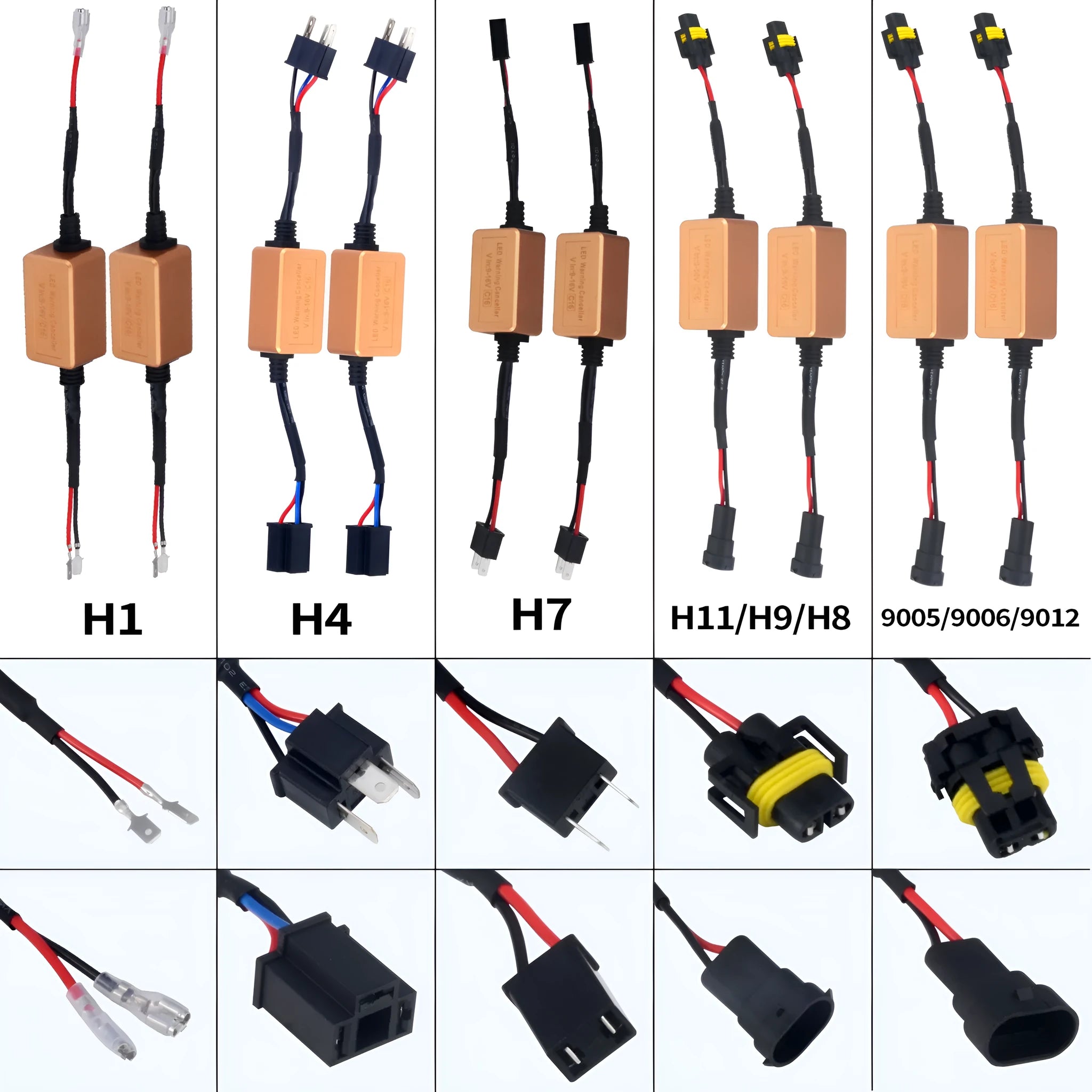 Black alloy H4 H7 H11 LED car headlight Canbus decoder with plug connectors.
