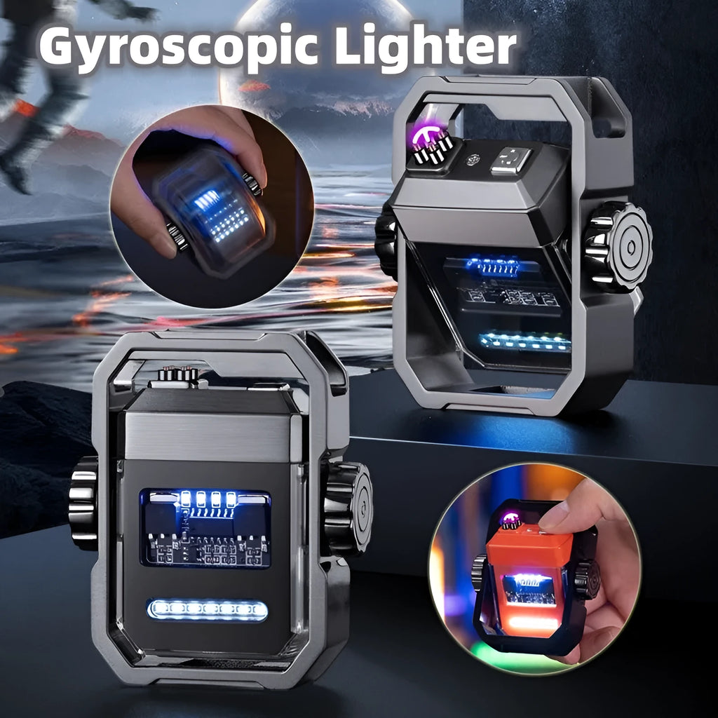 Blue windproof double arc electric lighter with a spinning metal gyroscope, shown folded and unfolded.