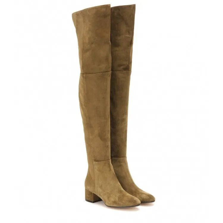 Grey suede women's over-the-knee flat boots with pointed toe and thick rubber sole