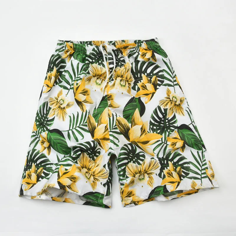 Men's floral printed swimming trunks in polyester with five-point design for beach and pool use