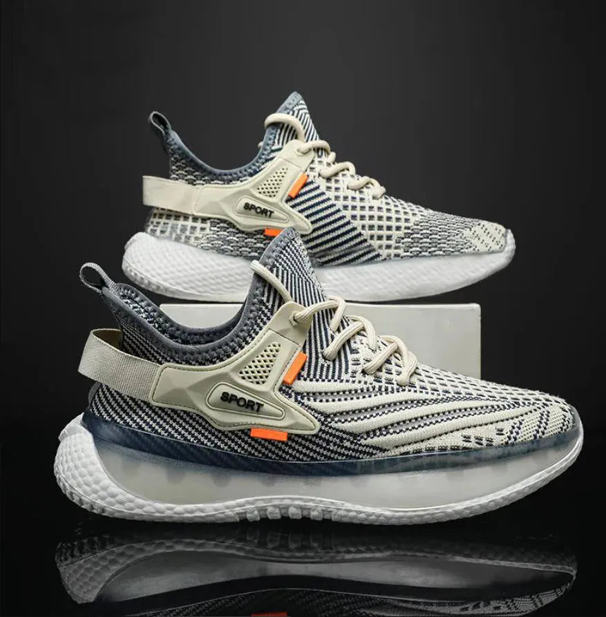 Men's white mesh platform sneakers with woven design and flat rubber sole