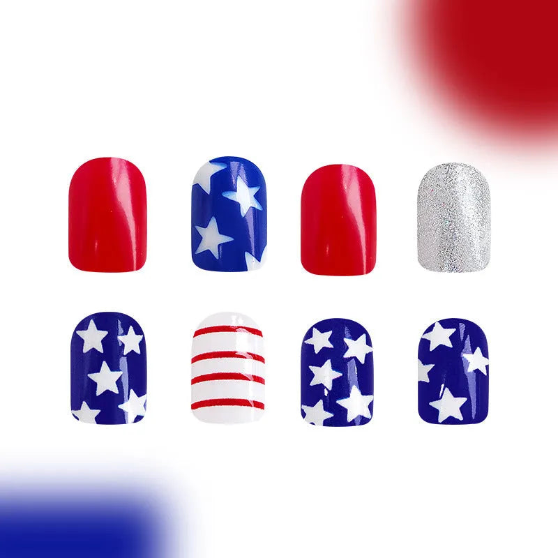 Independence Day glitter red and blue multicolor nail tips in European square shape 4 pack
