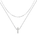 S925 sterling silver double layer twin diamond cross pendant necklace on a clavicle chain.