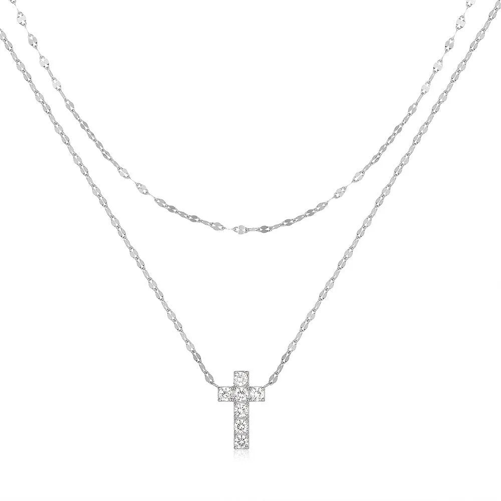 S925 sterling silver double layer twin diamond cross pendant necklace on a clavicle chain.
