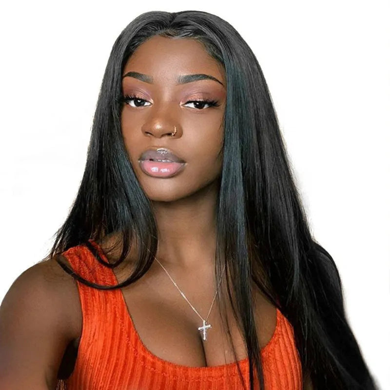 Women's long straight black wig with centre-parted bangs made from high-temperature fibre.