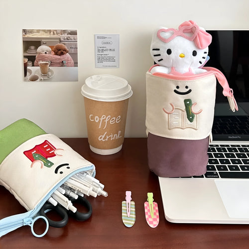 Cartoon printed collapsible pencil case in brown or green colour with zip closure