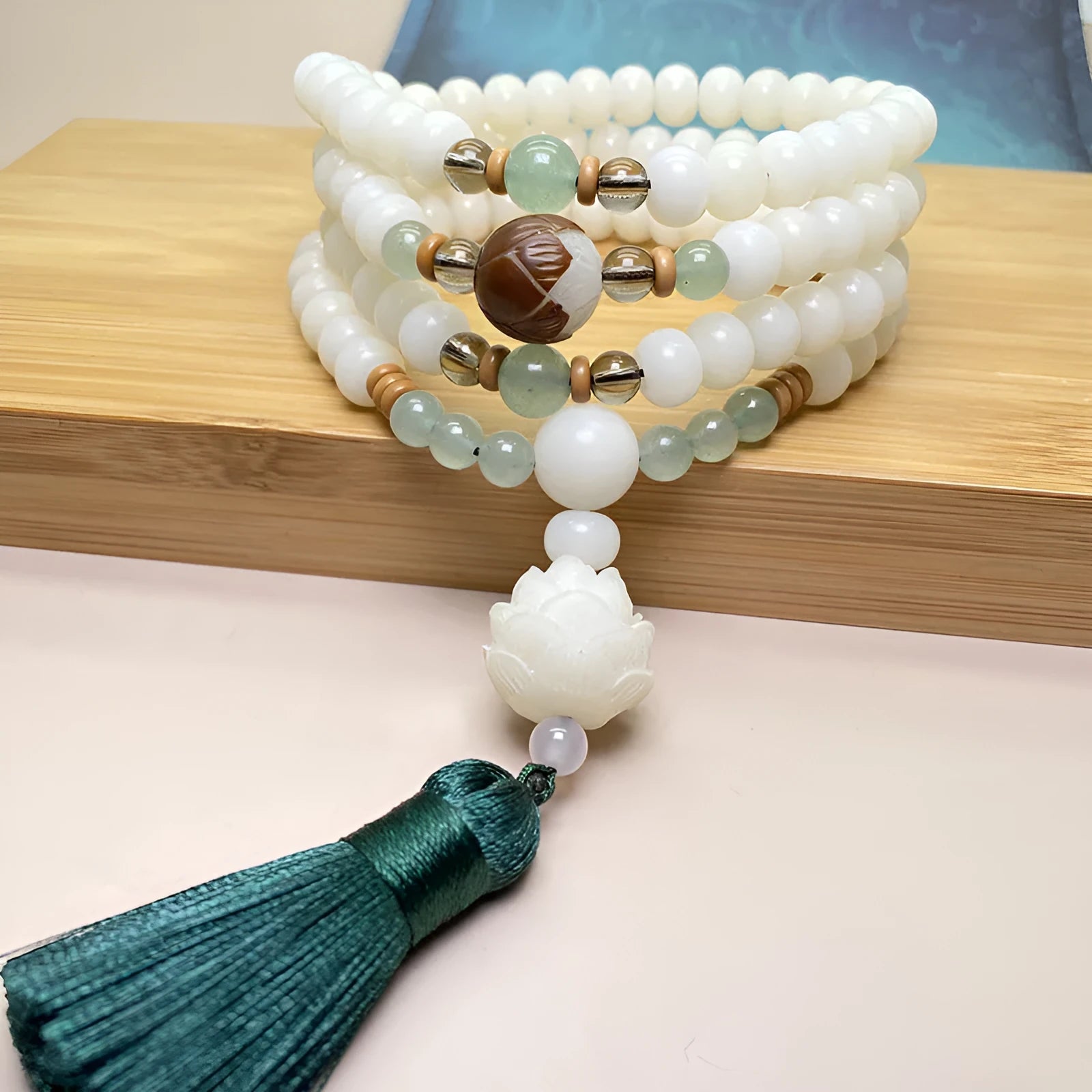 White jade bodhi 108-bead unisex bracelet shown in three different pattern styles.