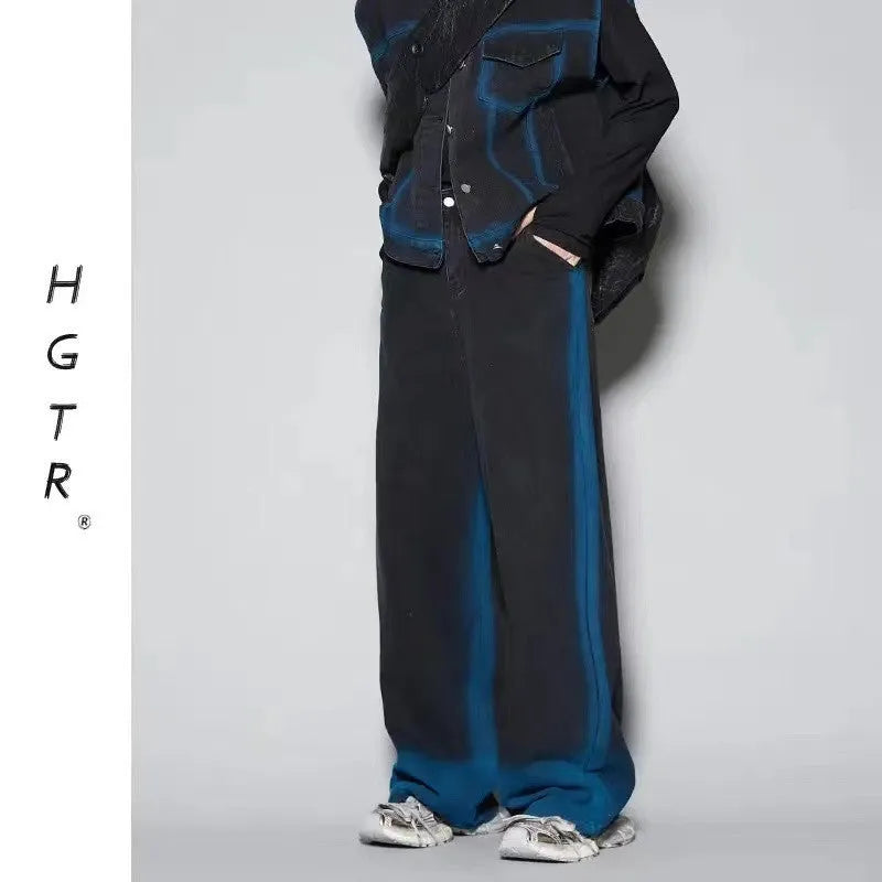 Blue distressed fleece-lined jeans suit set with colour gradient spray design