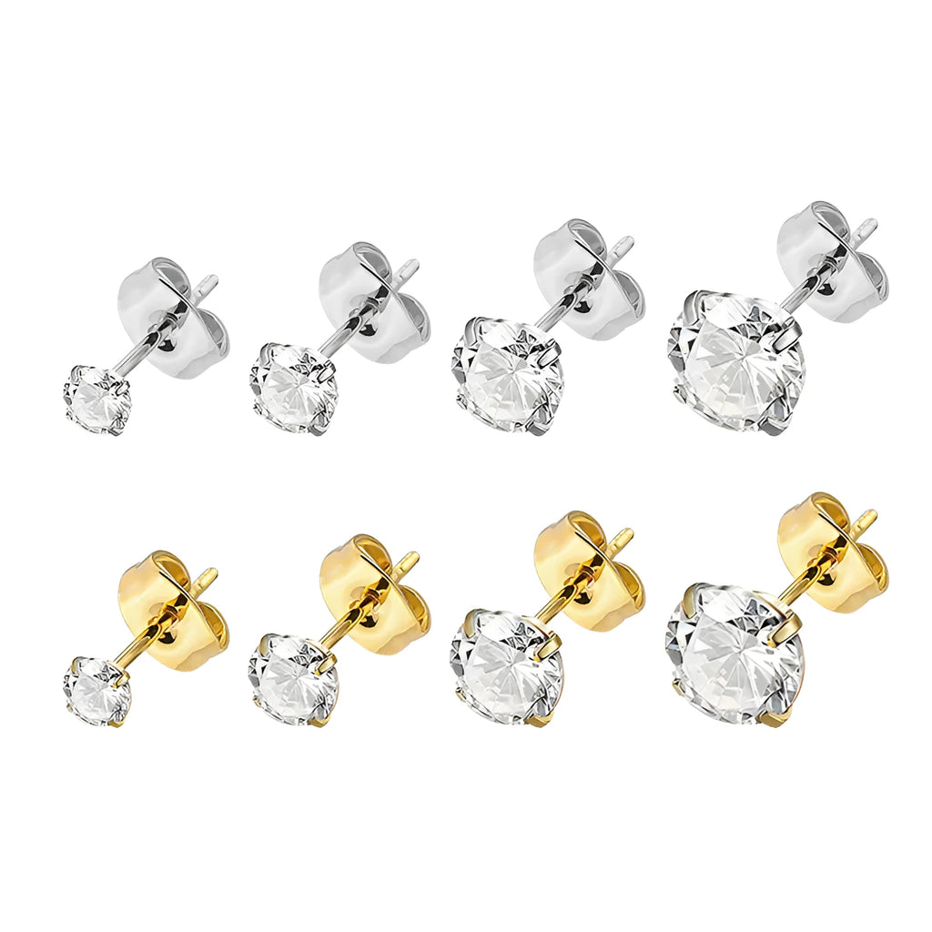 Titanium steel geometric zircon stud earrings showing square and round designs in gold and steel colour finishes