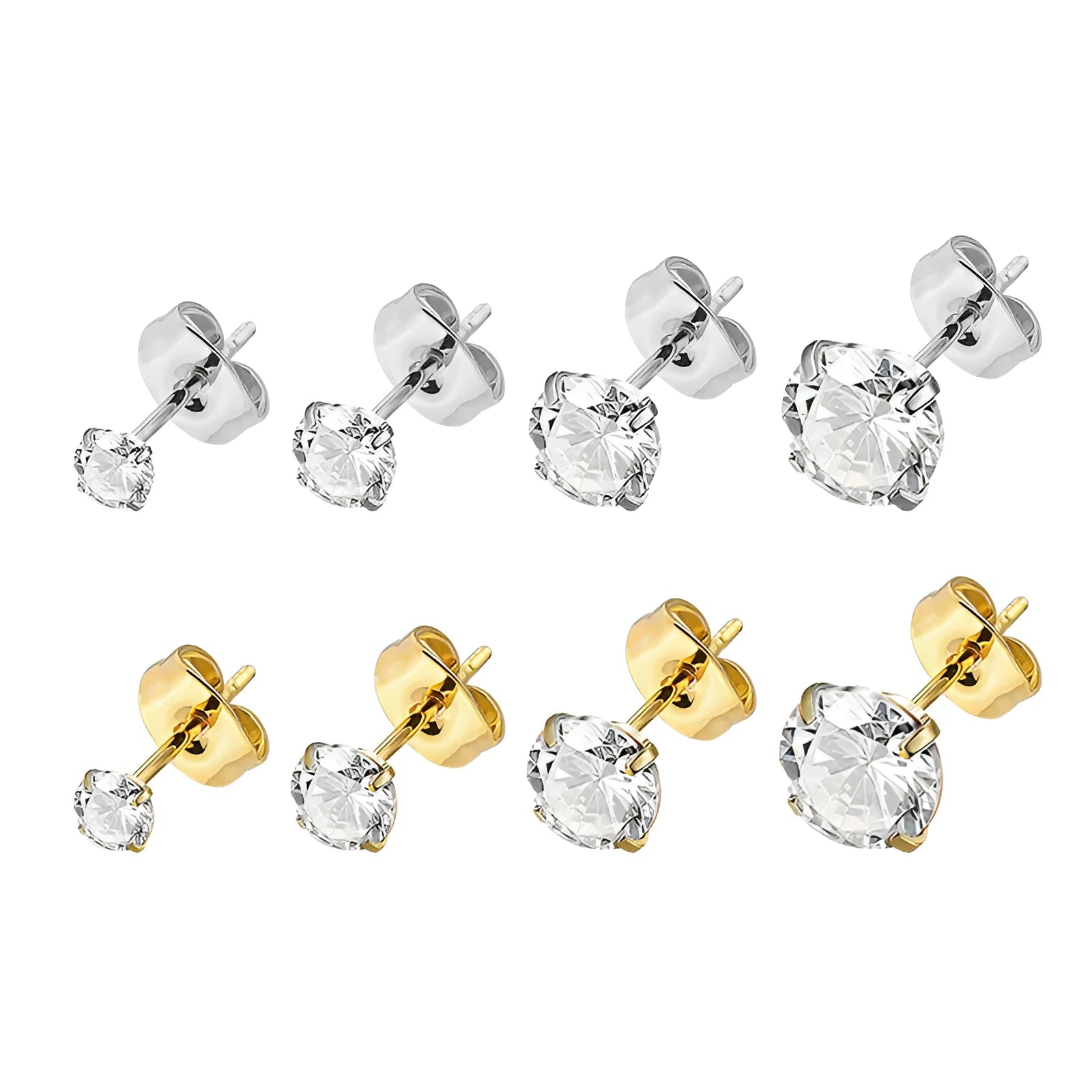 Titanium steel geometric zircon stud earrings showing square and round designs in gold and steel colour finishes