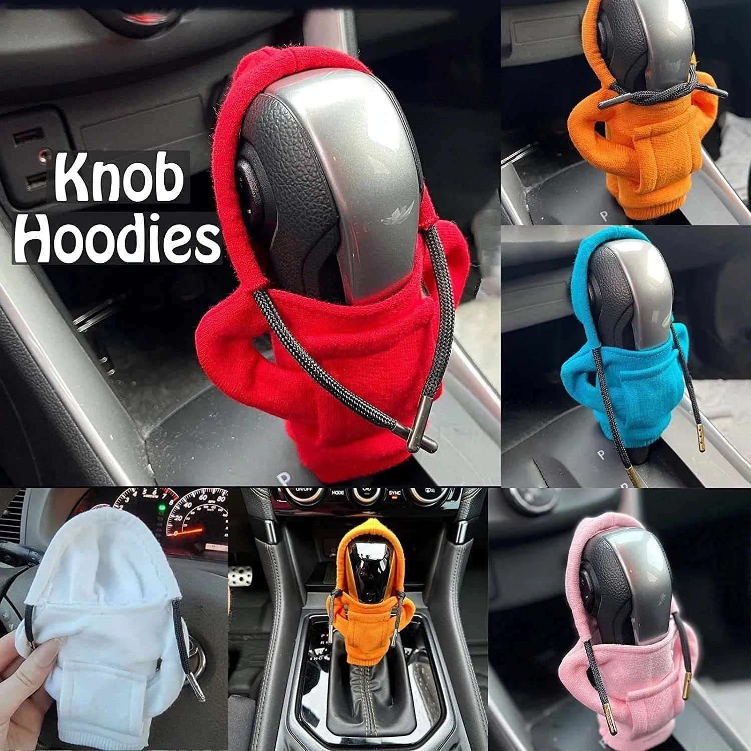 Cloth car gear shift knob cover in various colours showing 13x8cm dimensions