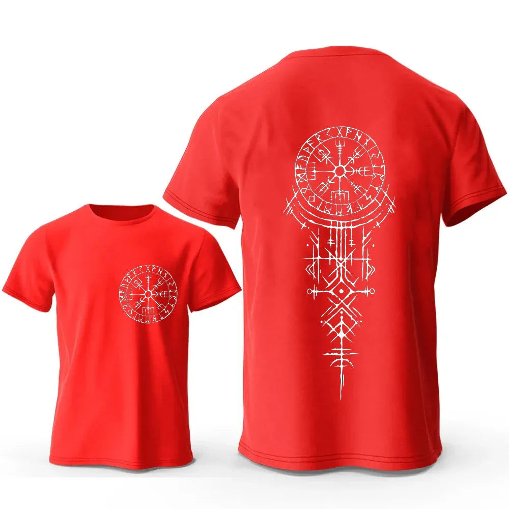 Men's Viking rune compass graphic T-shirt on pure cotton with smiling face design
