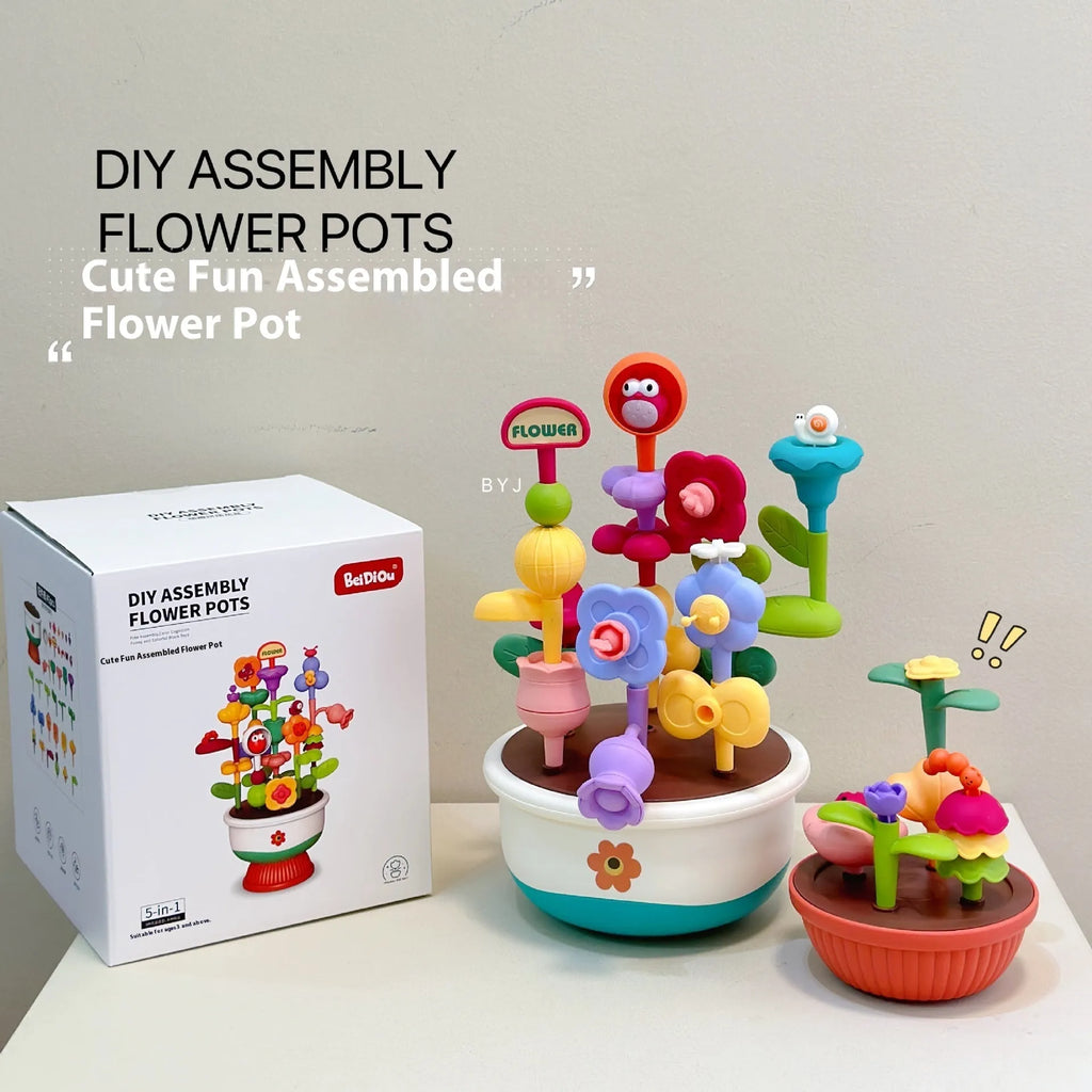 Cute assembly flowerpot building blocks plastic set in colour box packaging with flower garden design