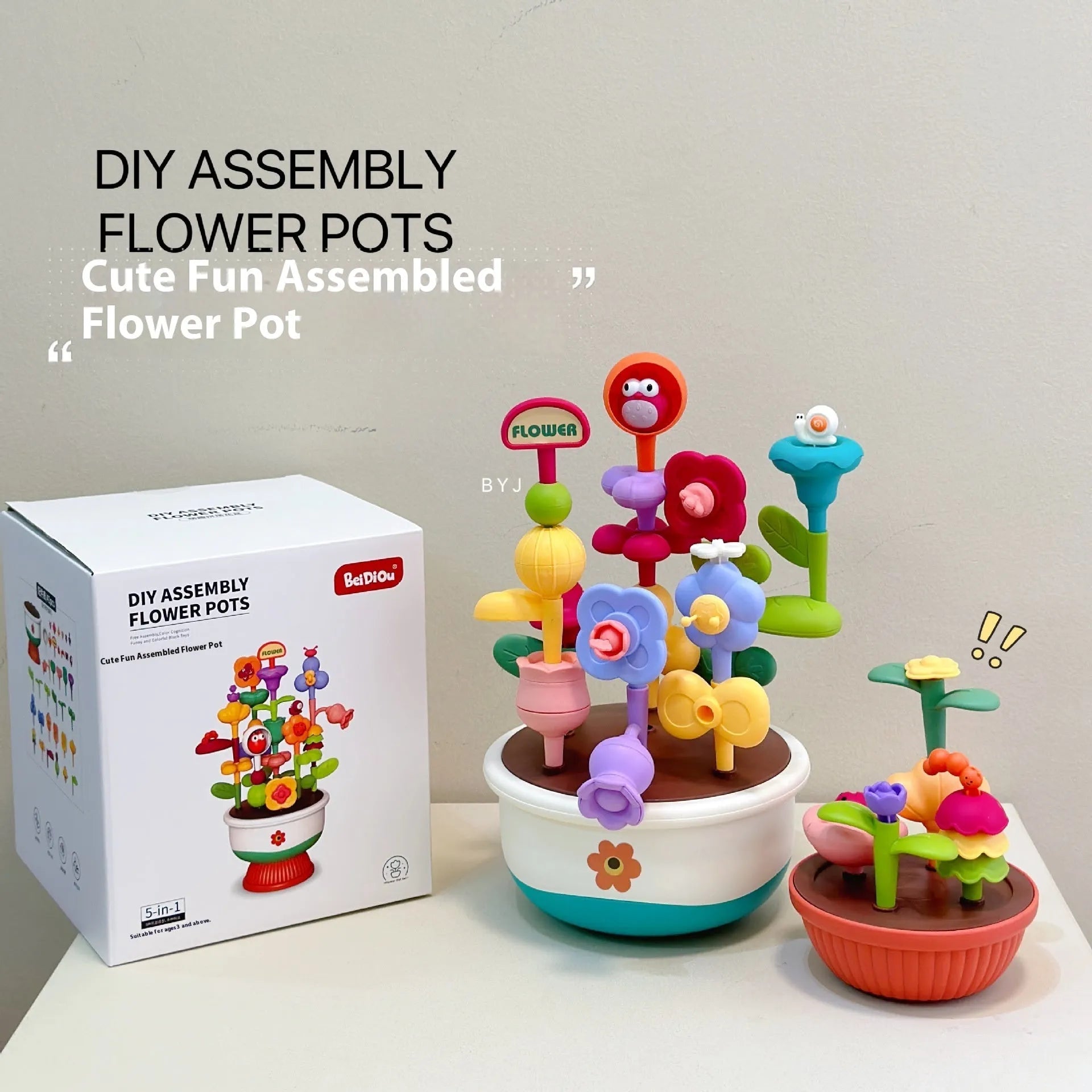 Cute assembly flowerpot building blocks plastic set in colour box packaging with flower garden design