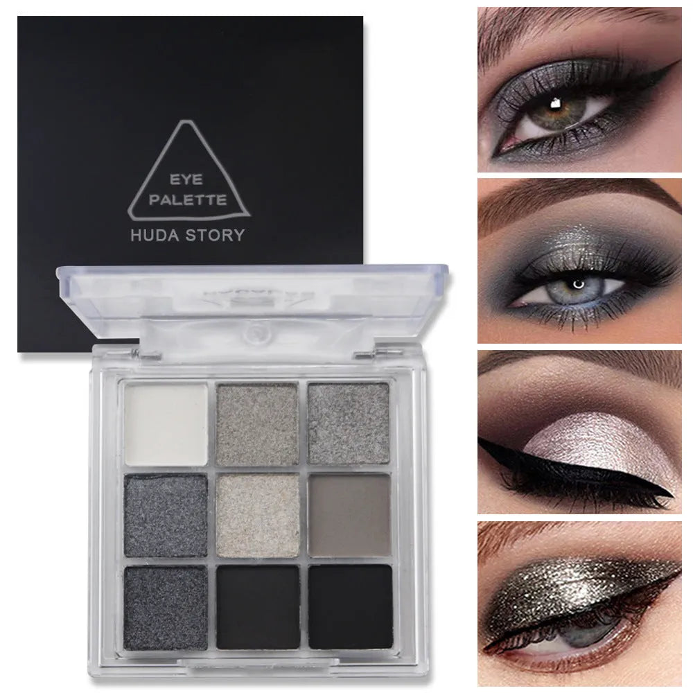 Open compact case showing nine powder eye shadow pans in neutral and smoky shades.
