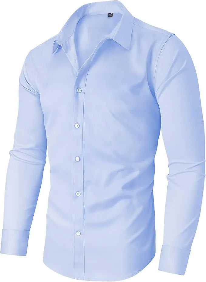Men's long sleeve cardigan shirt in solid colour with polyester four-way stretch fabric, full elastic force construction