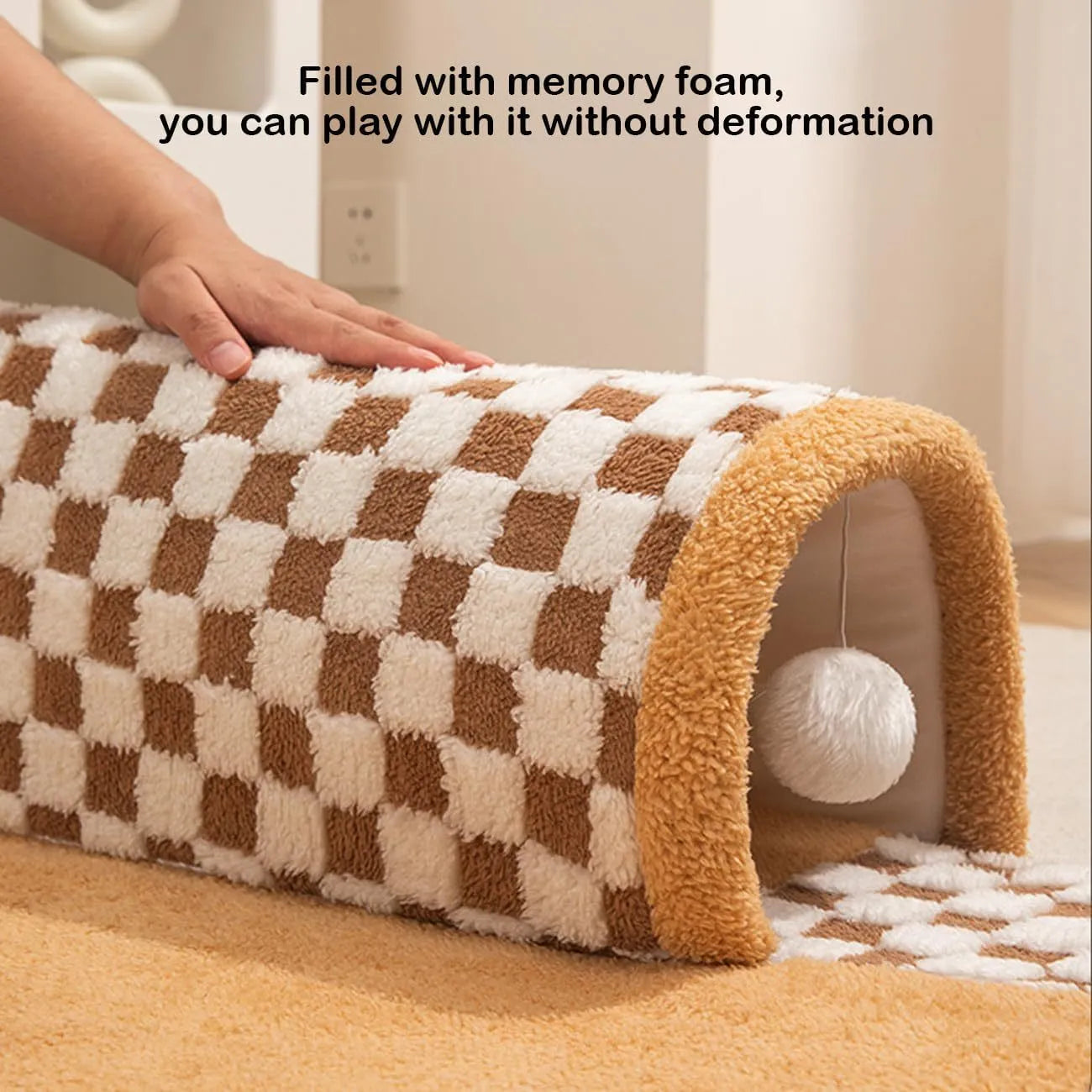 XL yellow plush pet bed with a connected tunnel and granular anti-slip base.